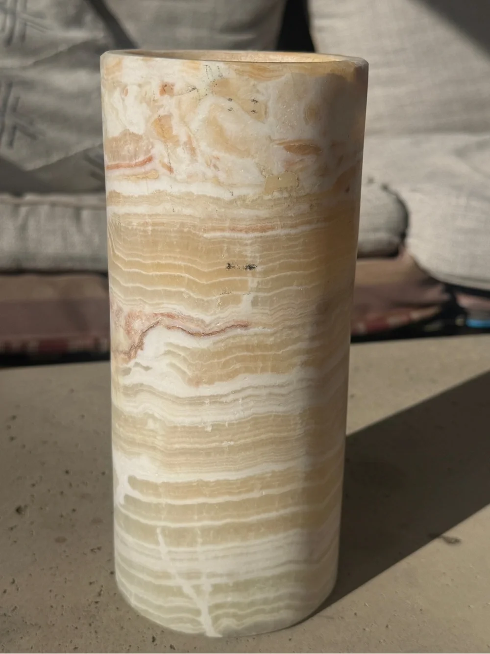 Hand Carved NATURAL STRIPED ALABASTER ONYX STONE Egyptian Candle Holder CYLINDER